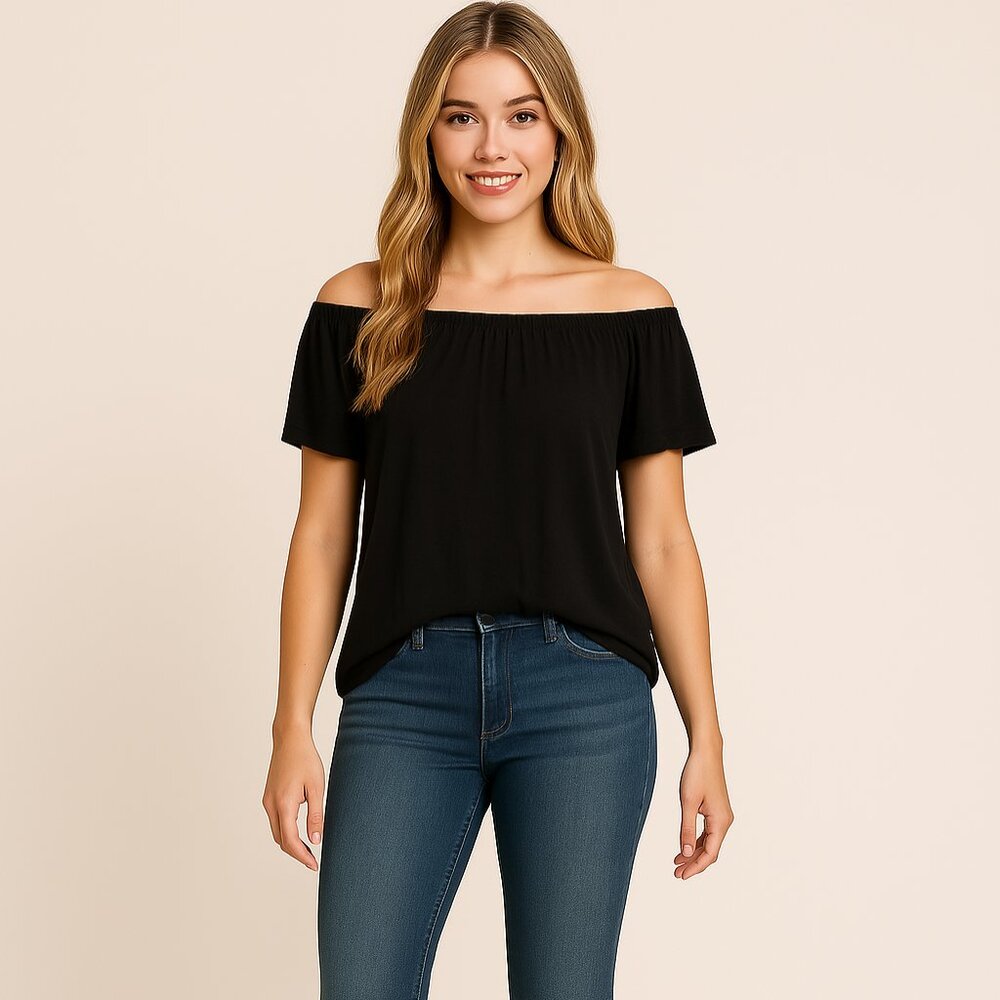 Forever 21 black off shoulder neckline jersey ruffle boho top Size Large
